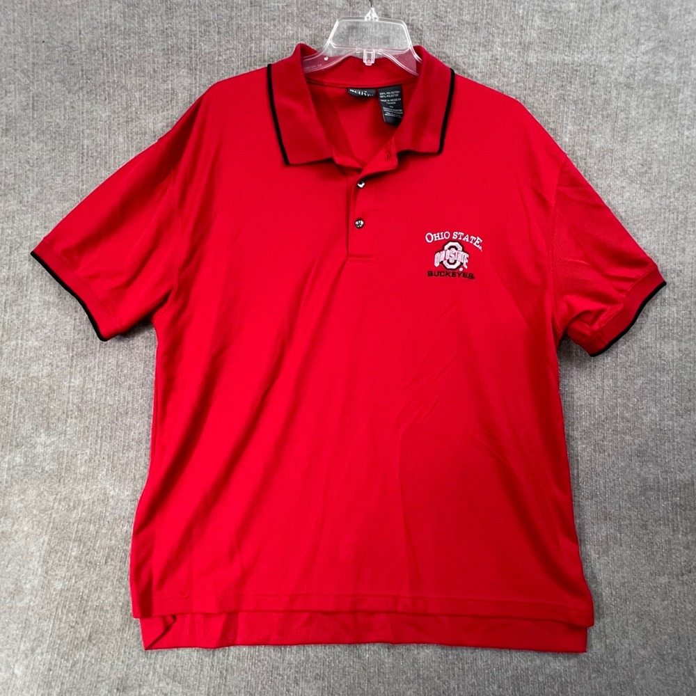 Vintage Ohio State Buckeyes Red Polo‎ Shirt 2XL Embroidered Logo Black Trim